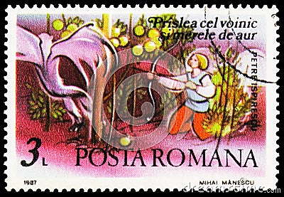 Postage stamp printed in Romania shows The Strong Youth and the Golden Apples, 100th Birthday of Petre Ispirescu serie, circa 1987 Editorial Stock Photo