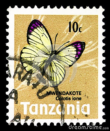 Postage stamp printed in Tanzania shows Bushveld Purple Tip (Colotis ione), Butterflies serie, 10 Tanzanian senti, circa 1973 Editorial Stock Photo