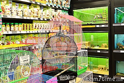 Moscow, Russia - Oct 19. 2023. Cages for birds and animals in Four paws pet store at Zelenograd Editorial Stock Photo