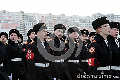 Cadets of the Moscow St. George Cadet Corps are preparing for the parade on November 7 on Red Square. Editorial Stock Photo