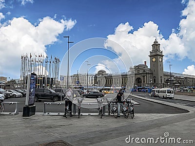 MOSCOW, RUSSIA - October 7, 2020: Eco bus station in Moscow at Kiev railway station. and bicycles in front Editorial Stock Photo