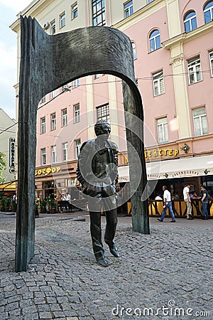 Monument to the poet and bard Bulat Okudzhava on Arbat. Editorial Stock Photo