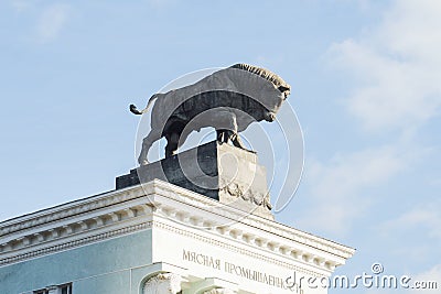 Moscow, Russia - October 05, 2019: Pavilion Meat industry at VDNH. Soviet architecture. A sculpture of a bull Editorial Stock Photo