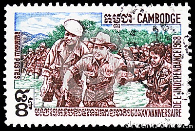 Postage stamp printed in Cambodia shows Independence Aniversary, circa 1968 Editorial Stock Photo