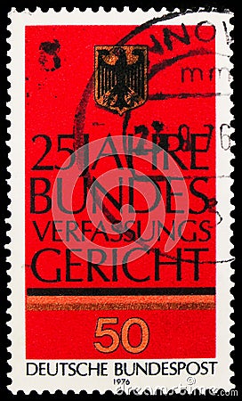 Postage stamp printed in Germany shows Emblem and Commemorative Inscription, Federal Constitutional Court, Karlsruhe serie, circa Editorial Stock Photo