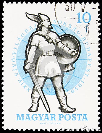 Postage stamp printed in Hungary shows Combatant of the 10th Century, World Fencing Championships, Budapest serie, 10 Hungarian Editorial Stock Photo