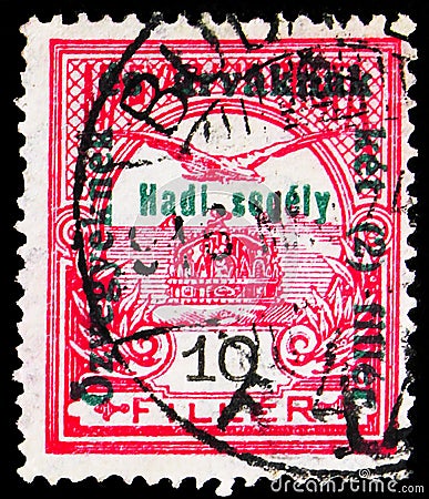 Postage stamp printed in Hungary shows Mythical bird Turul flying over Crown of Saintt Stephen, Turul and Stephan's crown serie, Editorial Stock Photo