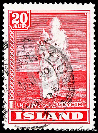 Postage stamp printed in Iceland shows Geyser, Country-specific Motifs serie, circa 1938 Editorial Stock Photo
