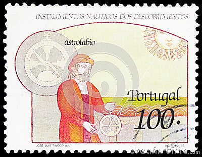 Postage stamp printed in Portugal shows Astrolabe, Nautical Instruments of Discovery serie, circa 1992 Editorial Stock Photo