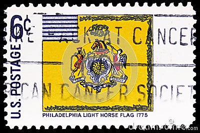 Postage stamp printed in United States shows Philadelphia Light Horse, 1775, Historic Flag Series serie, circa 1968 Editorial Stock Photo