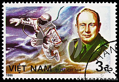 Astronaut Leonov in all, 25 Years of Human Spaceflight serie, circa 1986 Editorial Stock Photo