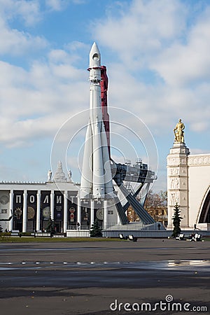 Moscow, Russia - October 05, 2019: Russian spaceship Vostok 1, monument of the first soviet rocket at VDNH. astronautics in USSR, Editorial Stock Photo