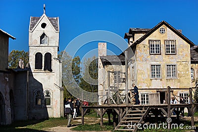 Moscow, Russia - October 05, 2019: Scenery of the medieval city for shooting movies. Film city pilgrim Porto in the Moscow region Editorial Stock Photo