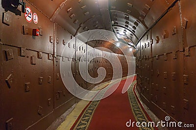Moscow, Russia - October 25, 2017: Tunnel at Bunker-42, anti-nuclear underground facility built in 1956 as command post Editorial Stock Photo