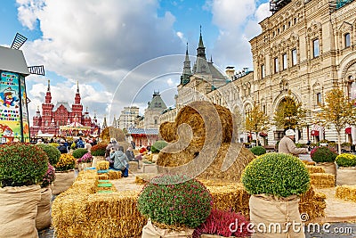 Moscow, Russia - October 08, 2019: View of territory of traditional festival Golden Autumn on Red Square in Moscow at sunny autumn Editorial Stock Photo