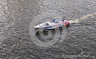 Moscow, Russia - 07.09.2023 - People enjoying the ride on the speed boat on the Moscow river. Holiday Editorial Stock Photo