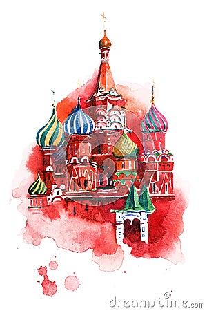 Moscow Russia Red square Saint Basil Cathedral Watercolor Stock Photo