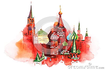 Moscow Russia Red square Saint Basil Cathedral Watercolor Stock Photo