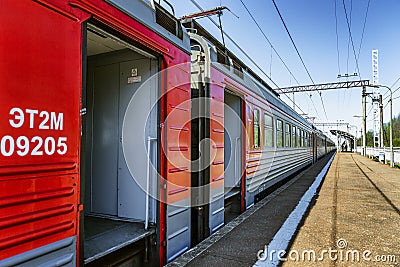 Moscow, Russia, 11/05/2020: The Russian Railways train at the station with open doors. Side view Editorial Stock Photo