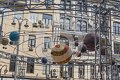 MOSCOW, RUSSIA - SEPTEMBER 10, 2017: celebration of 870th birthday of Moscow. Model of Solar system in Tverskaya street Editorial Stock Photo