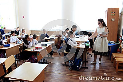 Moscow, Russia - September 2017: Classroom with pupils in school uniform in russian school, traditional offline education format. Editorial Stock Photo