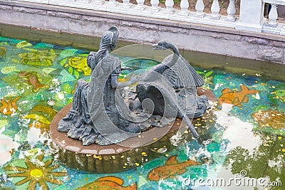 Fountain on the Manege Square with sculptures of heroes of Russian tales. Editorial Stock Photo