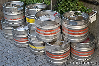 MOSCOW, RUSSIA - September 30, 2018: Metal barrels of beer on th Editorial Stock Photo