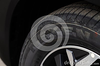 MOSCOW, RUSSIA - SEPTEMBER 15, 2021 Nexen tire logo on the sidewall of the new tire. Editorial Stock Photo