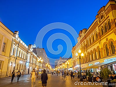 Night twilight light scene at Arbat walking street in Moscow, Russia Editorial Stock Photo