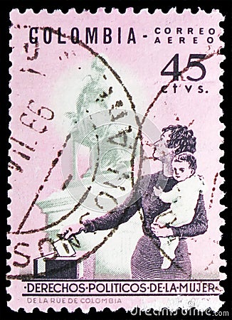 Postage stamp printed in Colombia shows Mother and Children, Issued to publicize women's political rights serie, 45 Colombian Editorial Stock Photo