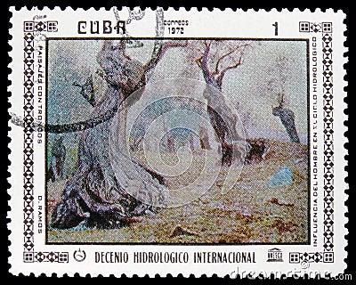 Postage stamp printed in Cuba shows `Tree trunks`, Domingo Ramez, International Decade of Hydrology, paintings serie, circa 1972 Editorial Stock Photo