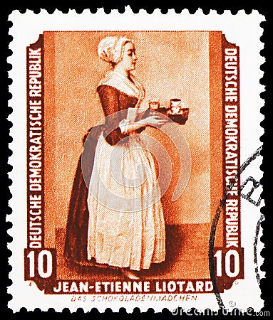 Postage stamp printed in Germany, Democratic Republic, shows J. E. Liotard, Returned Paintings from the Dresden Painting Gallery Editorial Stock Photo