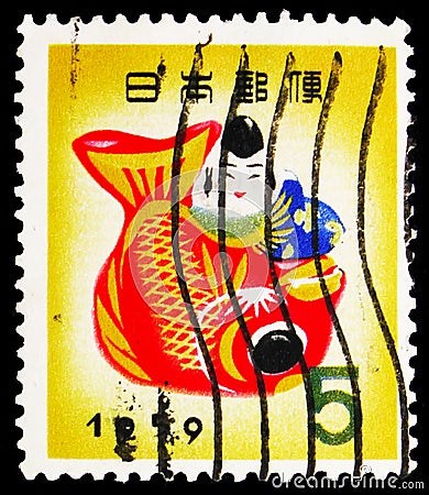 Postage stamp printed in Japan shows Ebisu with Tai (Sea Bream) - Takamatsu Folk Toys, New Year\'s Greetings 1959 serie, circa 195 Editorial Stock Photo