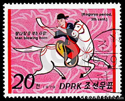 Postage stamp printed in Korea North shows Rider blowing horn, Koguryo Dynasty Horsemen serie, circa 1979 Editorial Stock Photo