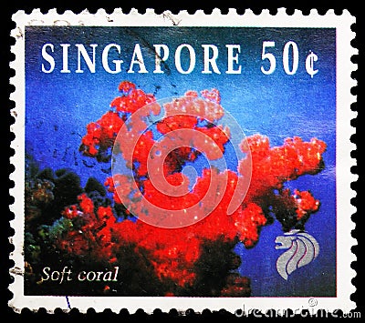 Postage stamp printed in Singapore shows Cauliflower Soft Coral (Dendronephthya sp.), Reef Life serie, circa 1997 Editorial Stock Photo