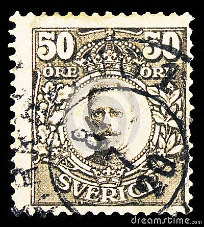 Postage stamp printed in Sweden shows King Gustav V, serie, circa 1912 Editorial Stock Photo