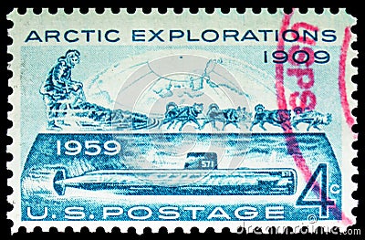 Postage stamp printed in United States shows Arctic Explorations, Sledge Dogs Canis lupus familiaris, Arctic Explorations Issue Editorial Stock Photo