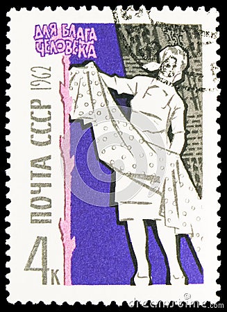 Postage stamp printed in USSR Russia shows Textile Worker, Soviet People serie, circa 1962 Editorial Stock Photo