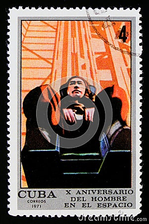 MOSCOW, RUSSIA - SEPTEMBER 3, 2017: A stamp printed in Cuba shows Acceleration test, 10 Years Crewed Spaceflight serie, circa 1971 Editorial Stock Photo
