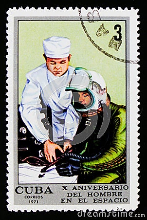 Medical test, 10 Years Crewed Spaceflight serie, Cuban circa 1971 Editorial Stock Photo