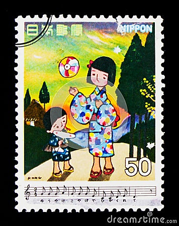 MOSCOW, RUSSIA - SEPTEMBER 3, 2017: A stamp printed in Japan shows Evening Glow, by Shin Kusakawa, Japanese Songs serie, circa Editorial Stock Photo