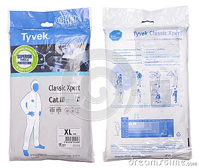 Moscow, Russia, September 20, 2023: Tyvek Classic Xpert Disposable Medical Hood Protective Suit Editorial Stock Photo