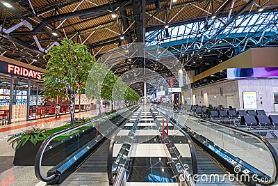 Moscow, Russia - 2020: Sheremetyevo Airport, travelator without people Editorial Stock Photo