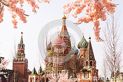 Moscow, Russia, St. Basil`s Cathedral, the Kremlin and Vasilyevsky Descent in the spring surrounded by artificia Stock Photo
