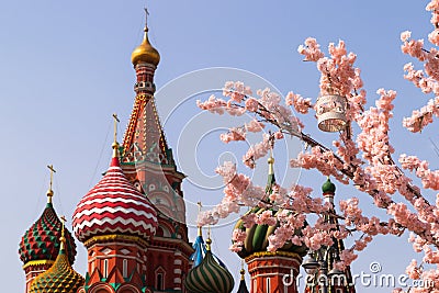 Moscow, Russia, St. Basil`s Cathedral, the Kremlin and Vasilyevsky Descent in the spring surrounded by artificia Stock Photo
