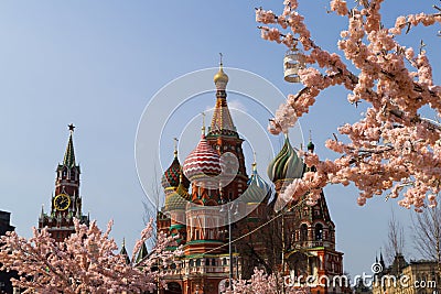 Moscow, Russia, St. Basil`s Cathedral, the Kremlin and Vasilyevsky Descent in the spring surrounded by artificia Stock Photo