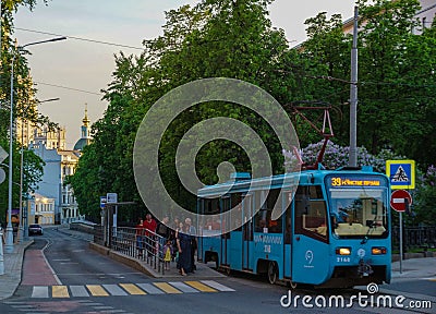 Moscow/Russia - Tram leaving the station of Chistie Prudi Editorial Stock Photo