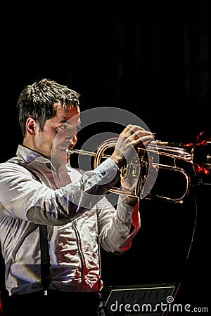 Trumpeter of Guru Groove Foundation is an independent Russian music project combining jazz fusion, funk and electronica in its wor Editorial Stock Photo