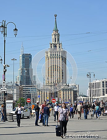 MOSCOW, RUSSIA. A view of Hilton Moscow Leningradskaya hotel from Komsomolskaya Square Editorial Stock Photo