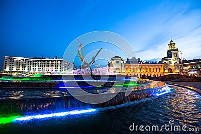 MOSCOW, RUSSIA - View of Kievskiy railway station at night. Editorial Stock Photo